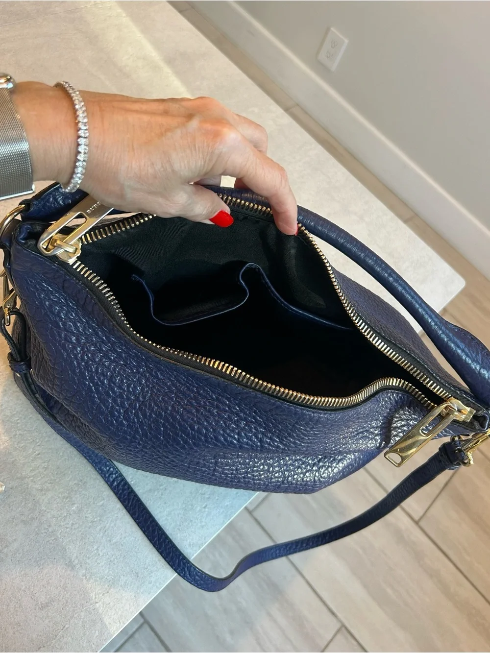 Burberry Cobalt Blue Pebbled Leather Shoulder Bag with Gold Hardware